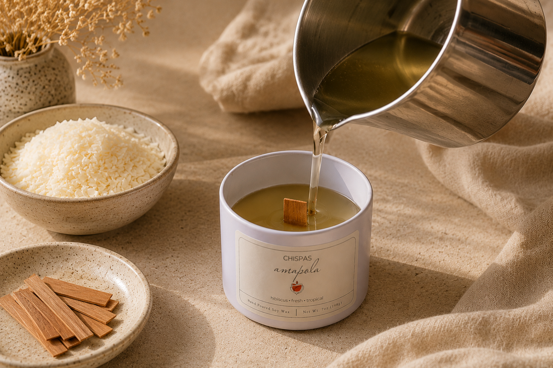 Hand-pouring warm coconut soy wax into a Chispas candle tin with a wooden wick in a soft neutral candle-making setting