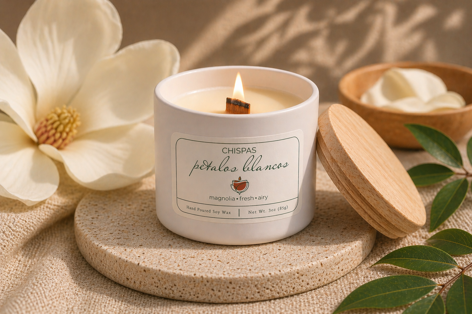 Pétalos Blancos candle by Chispas with a lit wooden wick, styled with magnolia flowers and soft natural textures in a warm, airy setting.