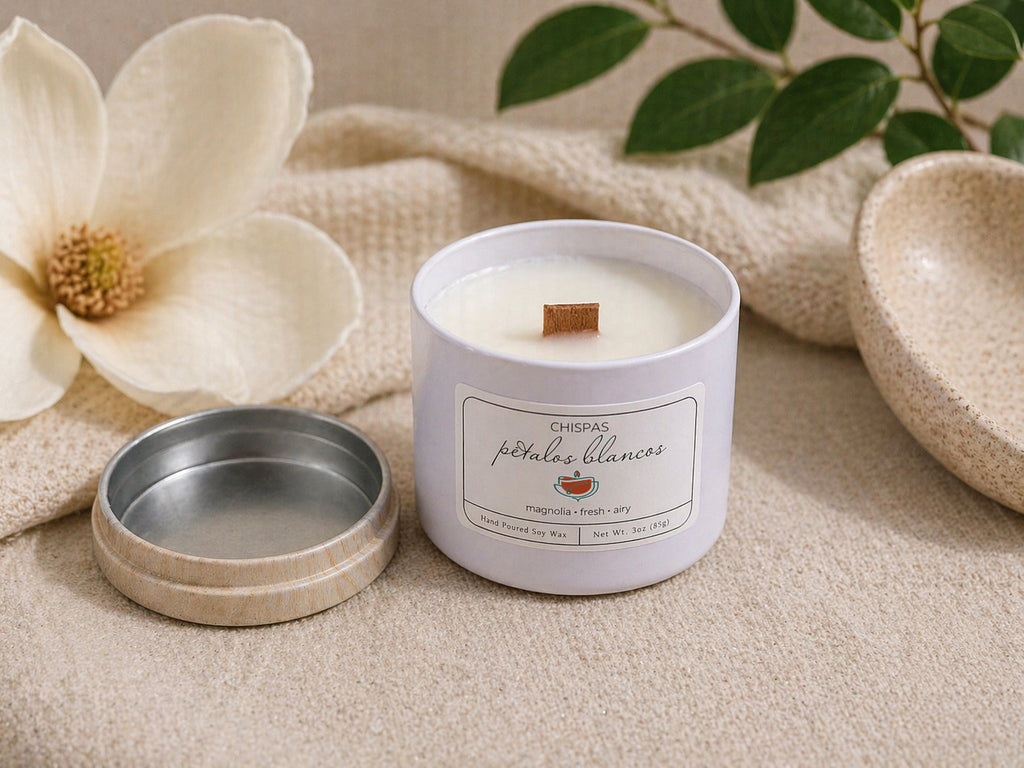Pétalos Blancos candle by Chispas with wooden lid, styled with magnolia flower and soft neutral textures in a clean, airy setting.