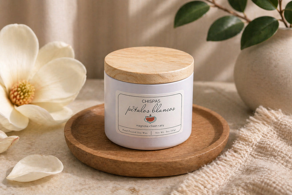 Pétalos Blancos candle by Chispas with wooden lid, styled with magnolia flower and soft natural elements on a clean, minimal surface.