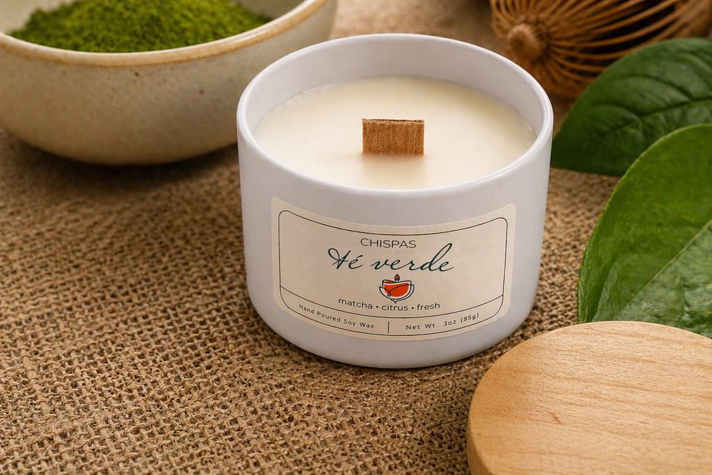 Close-up of Té Verde candle by Chispas with wooden wick, placed on textured fabric with matcha and green leaves in the background.