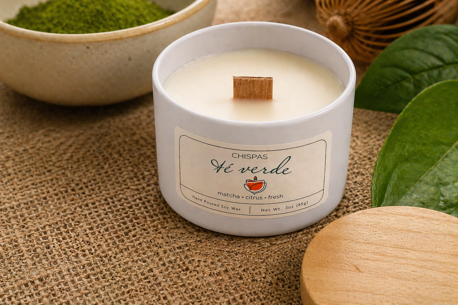 Close-up of Té Verde candle by Chispas with wooden wick, placed on textured fabric with matcha and green leaves in the background.