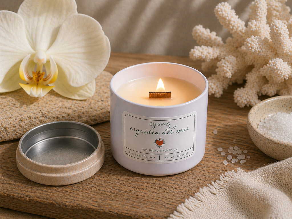 Lit Orquídea del Mar candle with wooden wick, fresh sea salt and orchid scent creating a warm relaxing atmosphere