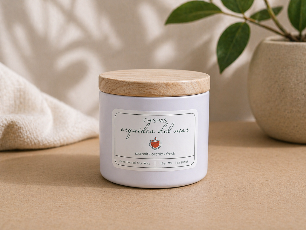 Orquídea del Mar candle with wooden lid, clean minimalist coconut soy candle with fresh floral ocean scent